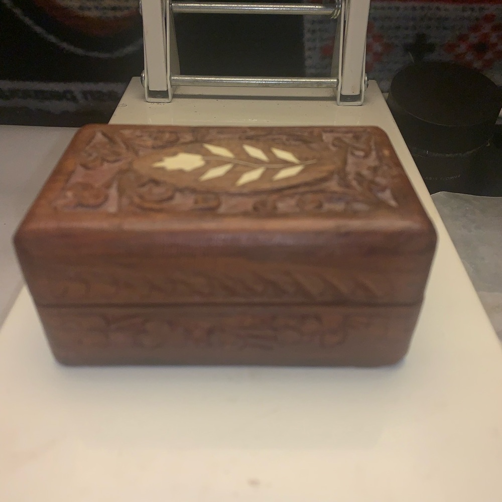 Hand Carved Oriental Wooden Box with Leaf Design